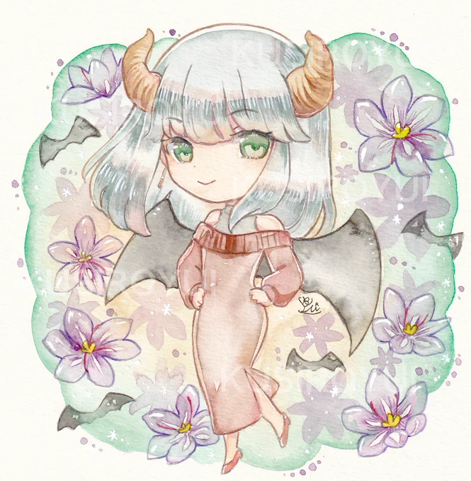 魔王さまちびキャラ 羽根付き琥珀ちゃん描いた勢いでこちらも羽根付きバージョンです  #イラスト #透明水彩