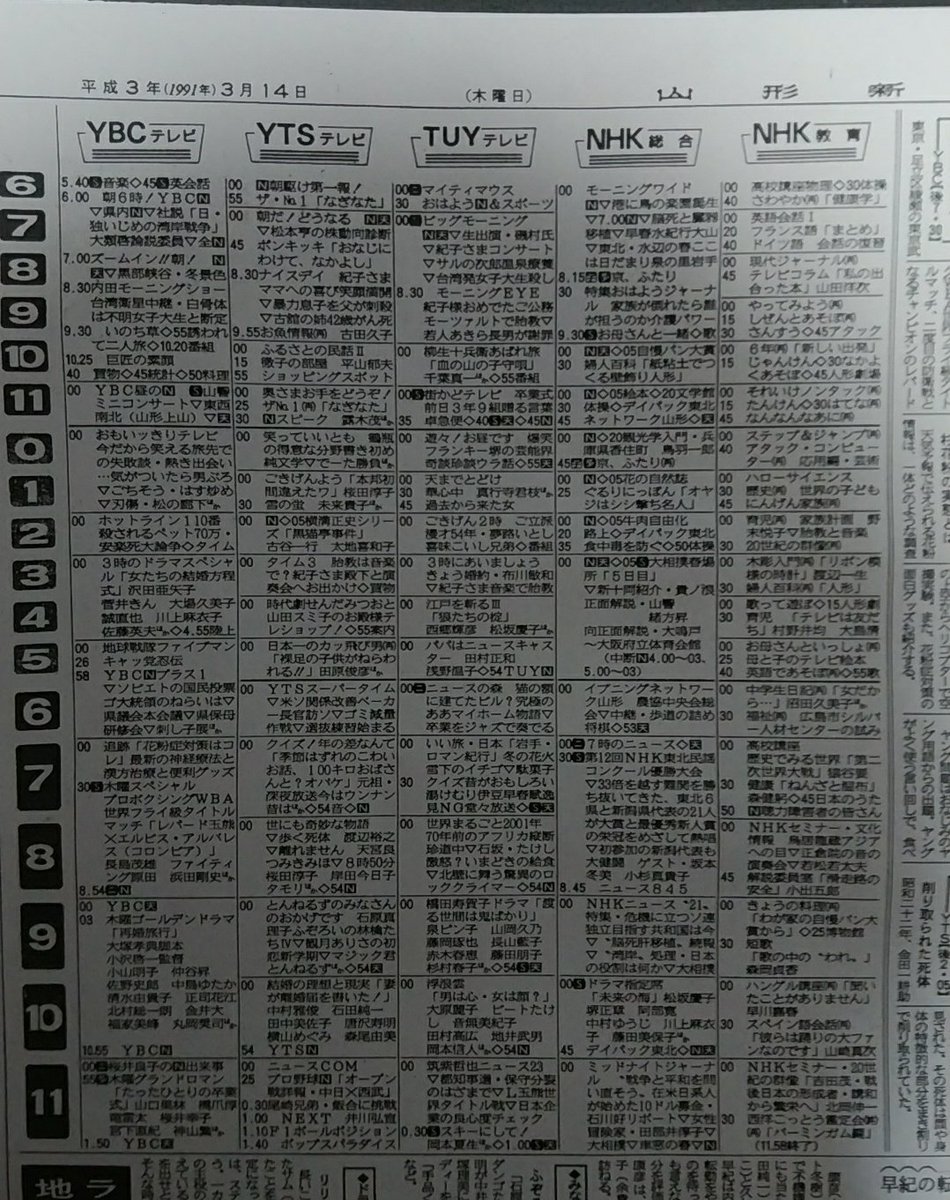 懐かしの番組表 1991年3月14日(木)の山形。 当時はYBCは日本テレビ系列