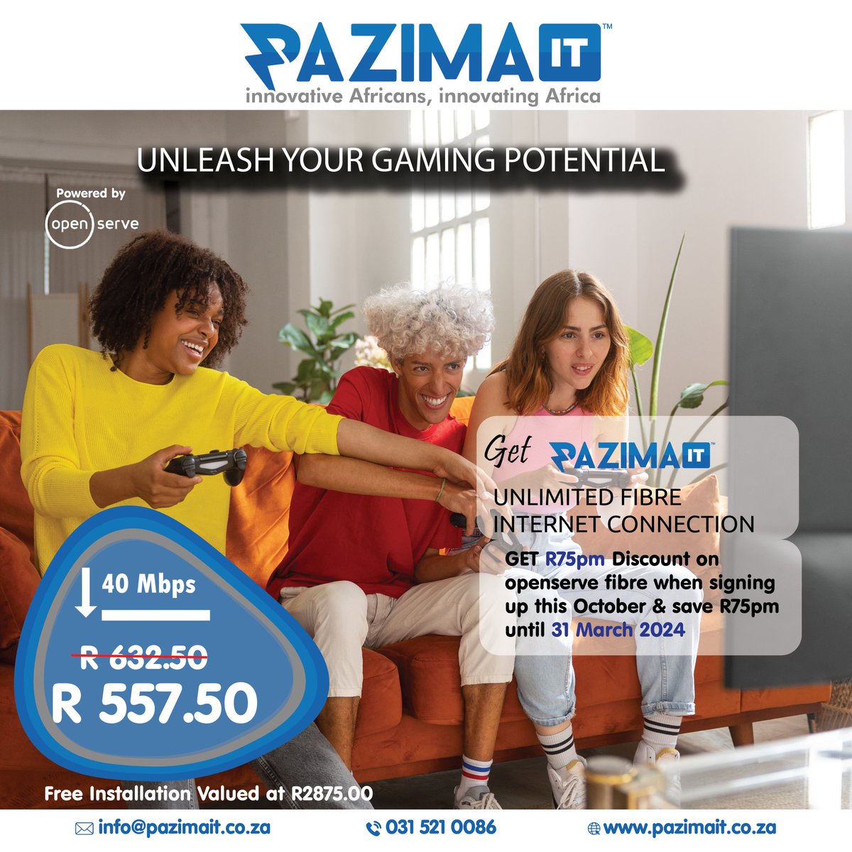 PazimaIT's tweet image. 🎮⚡️ Game On, Gamers! ⚡️🕹️
Experience gaming without limits! Say goodbye to lag and hello to victory with Pazima&apos;s lightning-fast internet. Sign up now at pazimait.co.za and enjoy a special R75 discount. Let the uninterrupted gaming begin! 🚀🎉 #GameWithPazima #NoLag