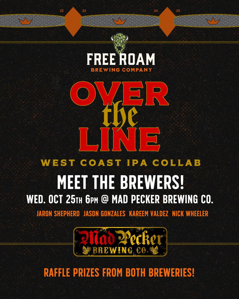 FreeRoamBrewing's tweet photo. Join us TODAY at @MadPeckerBrew starting at 6pm for a special 𝗠𝗲𝗲𝘁 𝗧𝗵𝗲 𝗕𝗿𝗲𝘄𝗲𝗿 event in honor of @sabeerweek.

We'll be pouring our 𝐎𝐯𝐞𝐫 𝐭𝐡𝐞 𝐋𝐢𝐧𝐞 collaboration brew we did with Jason Gonzales. It's a West Coast IPA with 7.1% ABV | 68 IBUs https://t.co/bb8vgQ1E0i