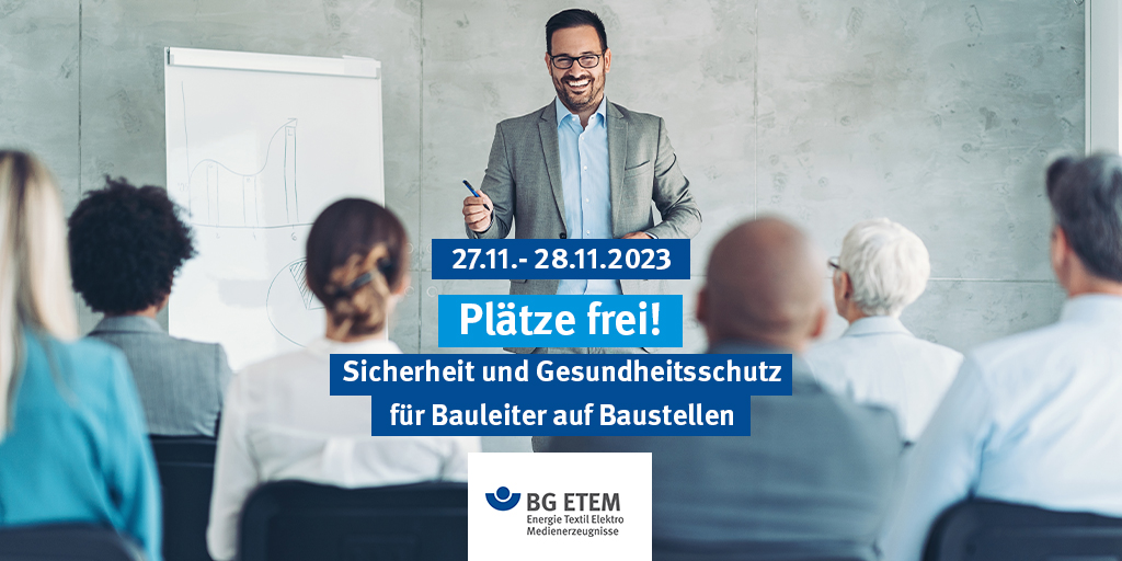 BG_ETEM's tweet photo. Für das #BGETEM #Seminar: "Sicherheit &amp; Gesundheitsschutz für Bauleiter auf Baustellen"  sind noch Plätze frei. Es richtet sich an Mitarbeiter, die als Bauleiter oder Baustellenleiter eingesetzt sind mit Erfahrungen auf dem Gebiet des Bauwesens. Infos: https://t.co/ibXXxCtLbK https://t.co/sVTiuJqjhD