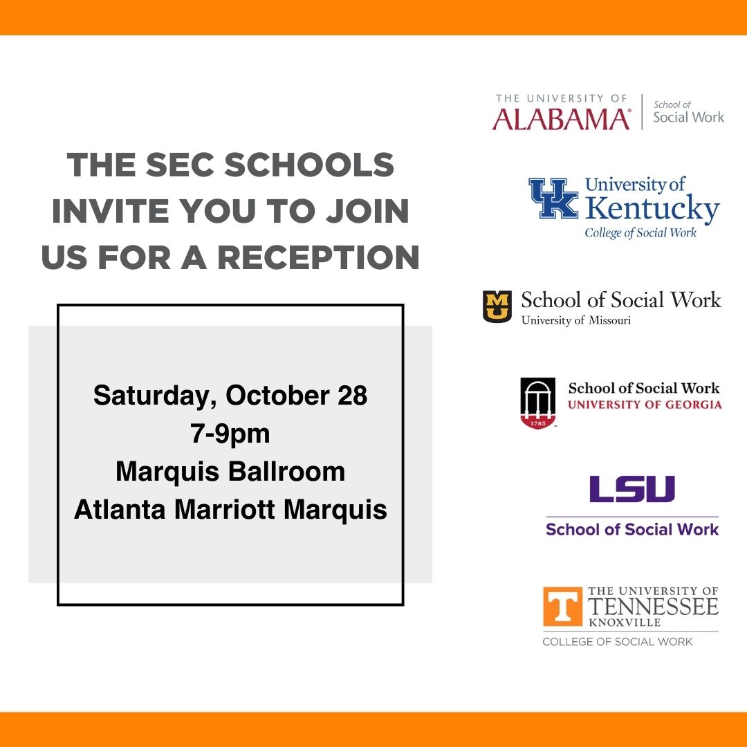 utkcsw's tweet image. Coming to CSWE APM? We hope you&apos;ll join us and these other SEC schools at our reception on Saturday in ATL!
#utkcsw #ChangeHappensHere #CSWE