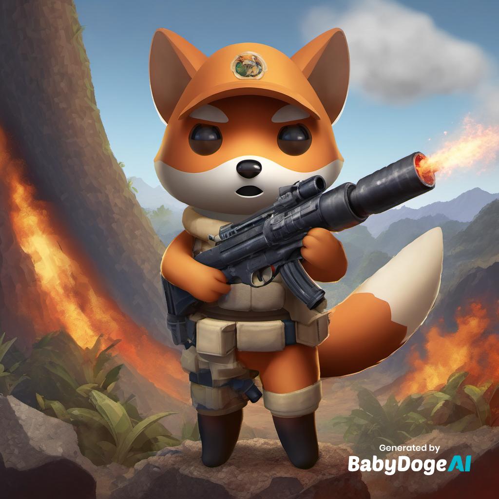 BabyDoge's tweet photo. "Pixelated picture of warrior fox holding a machine-gun in a volcano, highly detailed, fighting in  BabyDoge's jungle" Generated via #BabyDogeAi Generate your own now at https://t.co/tyex8v7Qfm https://t.co/Skc7yUYulT