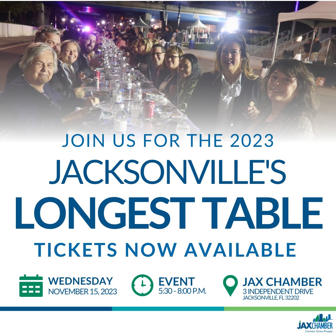 Mark your calendars for this year’s Longest Table Dinner hosted by JAX Chamber on Wednesday, November 15th. Don't miss out on this fantastic opportunity to connect and dine with your fellow Jacksonville residents. ow.ly/xQLj50Q0mPI