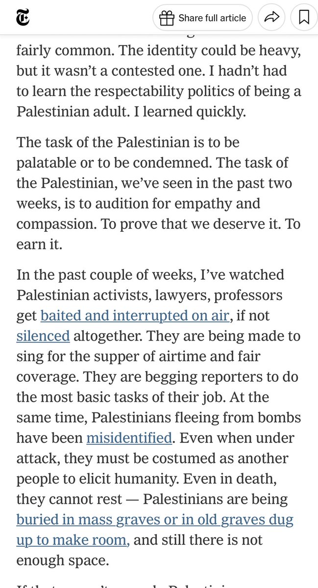 Why Must Palestinians Audition for Your Empathy? —Hala Alyan “it is worth asking yourself which brutalization is acceptable to you, even quietly, even subconsciously, and which is not.” Unpaywalled link nytimes.com/2023/10/25/opi…