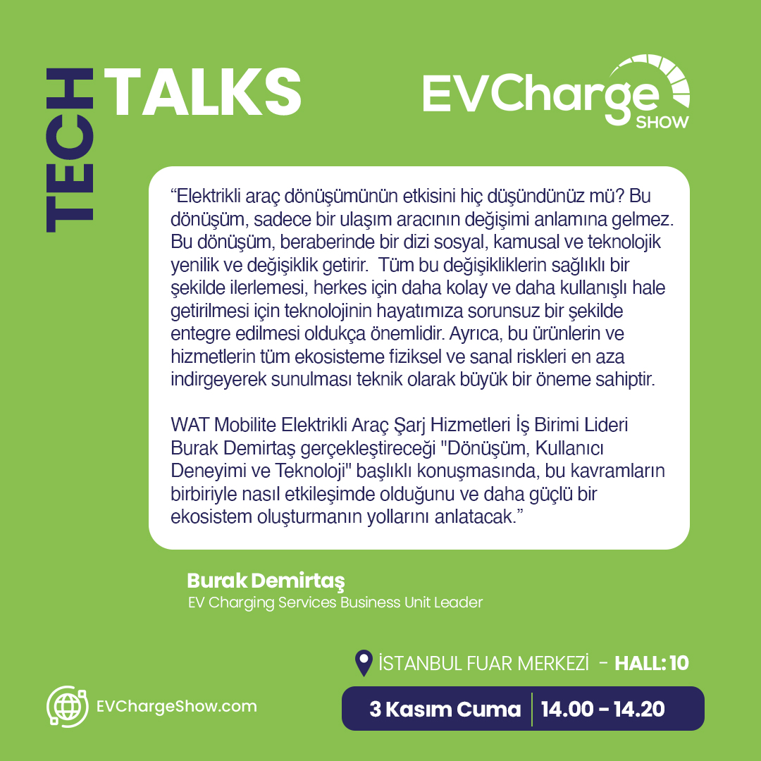 Burak Demirtaş WAT Mobilite 'nin
Şarj Alanında Geliştirdiği Teknolojileri ve İnovatif Ürünlerini Sizin İçin Anlatıyor!

Tech Talks Corner Program: evchargeshow.com/techtalkscorne…

#EVChargeShow #talkscorner #watmobilite #şarjhizmetleri