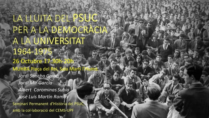 El moviment estudiantil va ser clau per acabar amb el franquisme, però estem lluny de la democràcia que volien dins i fora de la universitat... 
Dijous 26 en parlem... 
Amb <a href="/Jordigalan/">Jordi Sancho Galán</a>... 
#MUHBA <a href="/bcncultura/">Barcelona Cultura</a> #SDEUB #PerUnaUniversitatDemocràtica
