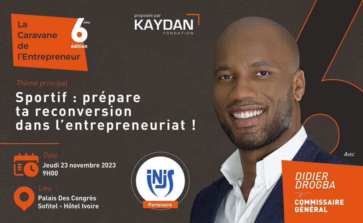 Membre de la Fondation Kaydan, <a href="/didierdrogba/">Didier Drogba</a> est le Commissaire général de la 6ème édition de la Caravane de l'Entrepreneur.

Thème : "Sportif : prépare ta reconversion dans l'entrepreneuriat !".

🌟 RDV le 23/11/23 au Palais des Congrès d'Abidjan pour un grand moment de partage.
