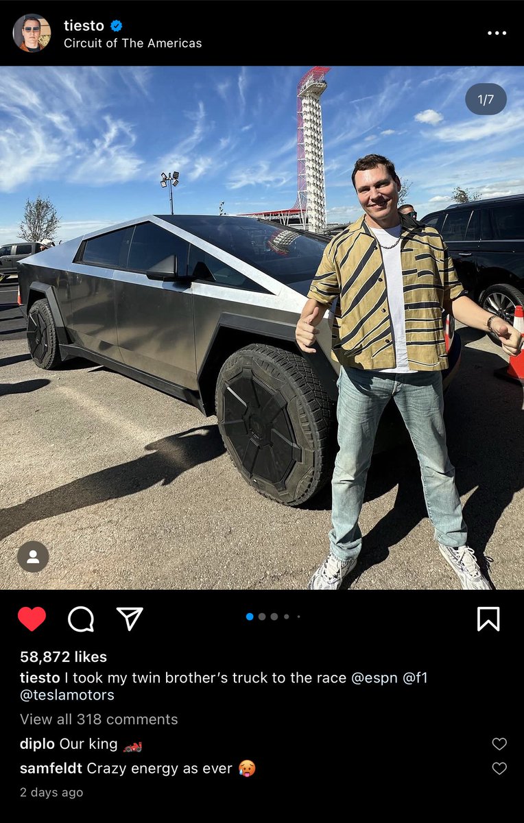 ValueAnalyst1's tweet photo. Tiesto posted a pic of himself in front of Elon’s Cybertruck, referring to Elon as his “twin brother.”

Legacy Auto pays millions for this type of advertising 😂 https://t.co/6kfpEsuQlN