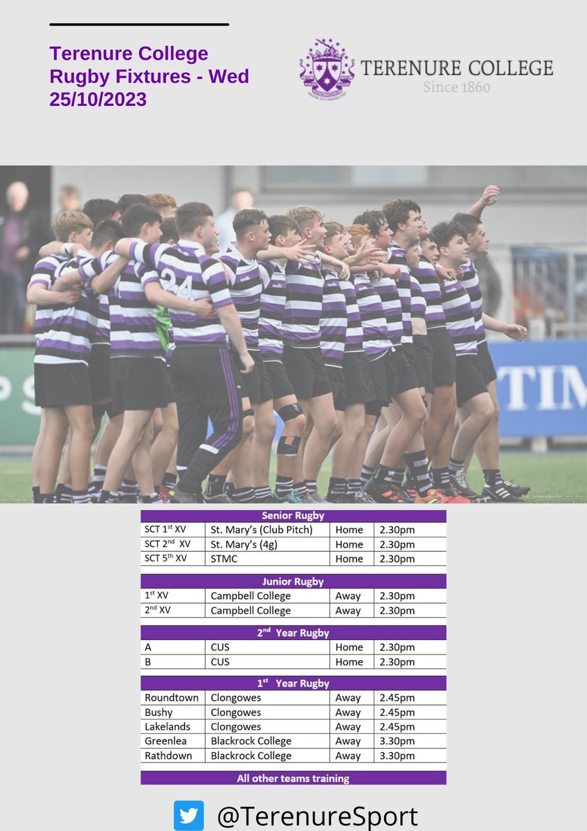 Rugby Fixtures
Wednesday 25th October 2023
🟣⚫️⚪️🏉
<a href="/TerenureCollege/">Terenure College</a>