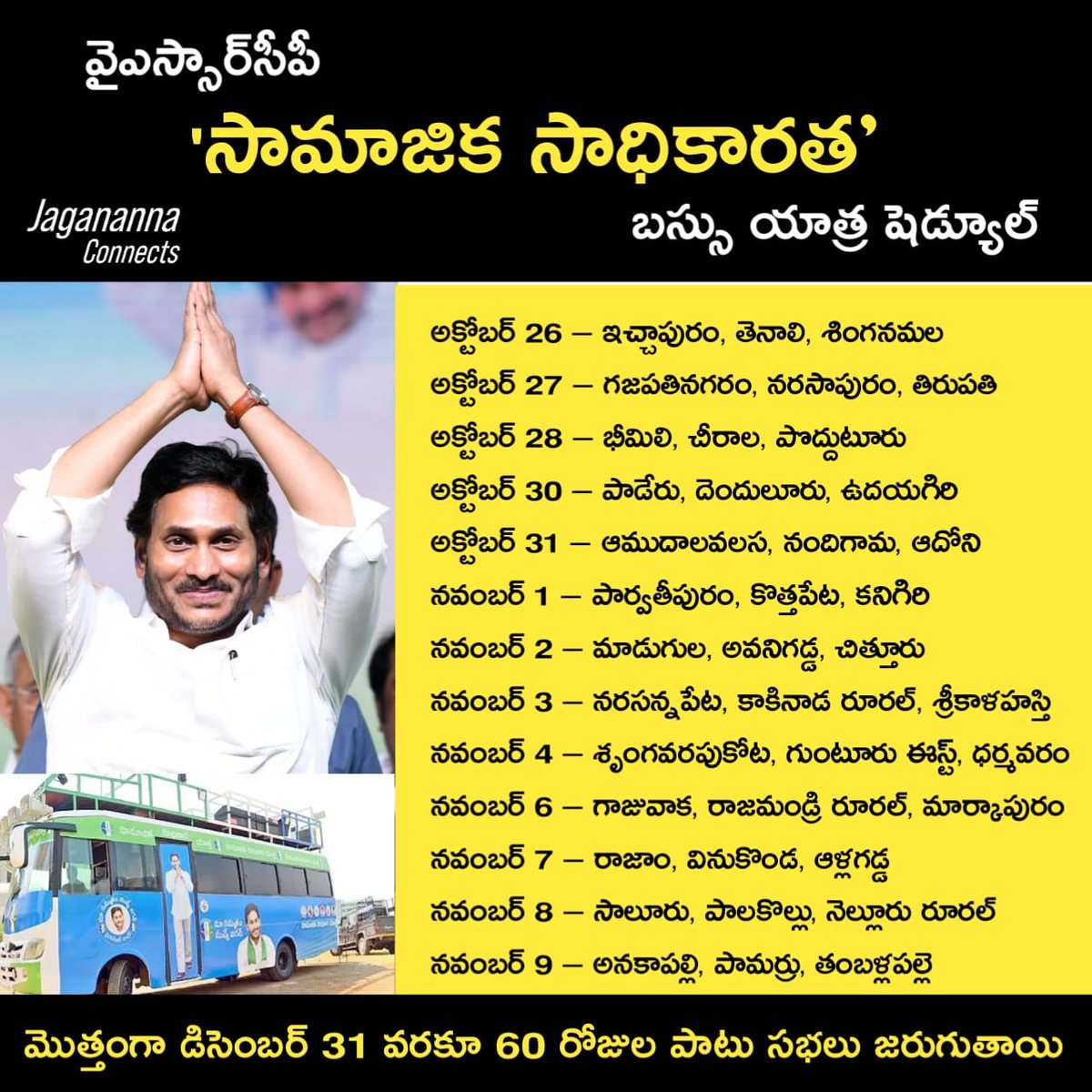 VeeraReddykkt's tweet photo. మొదటి విడత బస్సు యాత్ర  షెడ్యూల్ ..

#SamajikaSadhikaraYatra https://t.co/Zsk5wEUvHF