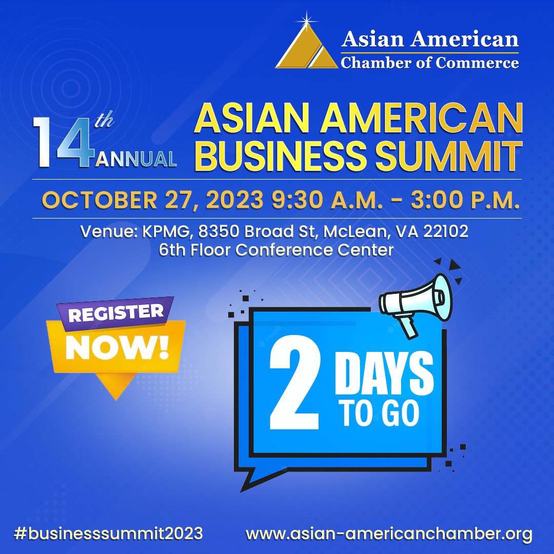 Make your Mark at #AACC’s #14thAnnualBusinessSummit on Friday, October 27, 2023 from from 9:30 A.M. to 3:00 P.M  Visit asian-americanchamber.org/business-summi…
Contact Dr.Cindy Shao at 703-201-3167 or cindy@asian-americanchamber.org to become a #Sponsor.

#AsianAmericanChamberOfCommerce