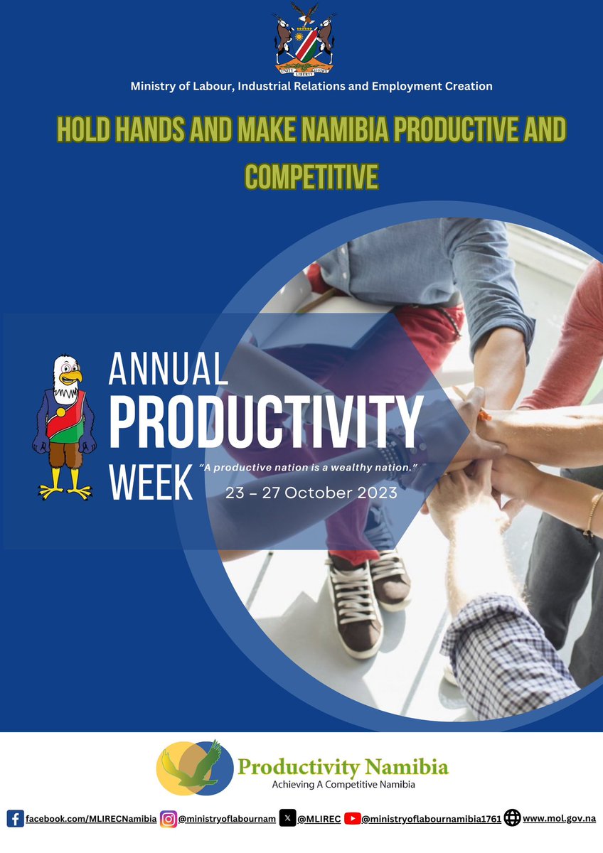 Todays productivity booster: 

“Hold hands and make Namibia productive and competitive”…

#namibiaatworktalkshow #mlirec #ProductivityBoost  #ProductivityWeek