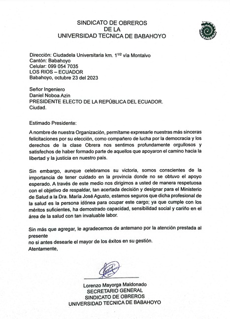 Michell01842886's tweet photo. El Sindicato de Obreros de la Universidad Técnica de #Babahoyo apoya al presidente electo @DanielNoboaOk https://t.co/p1frEEsnXX