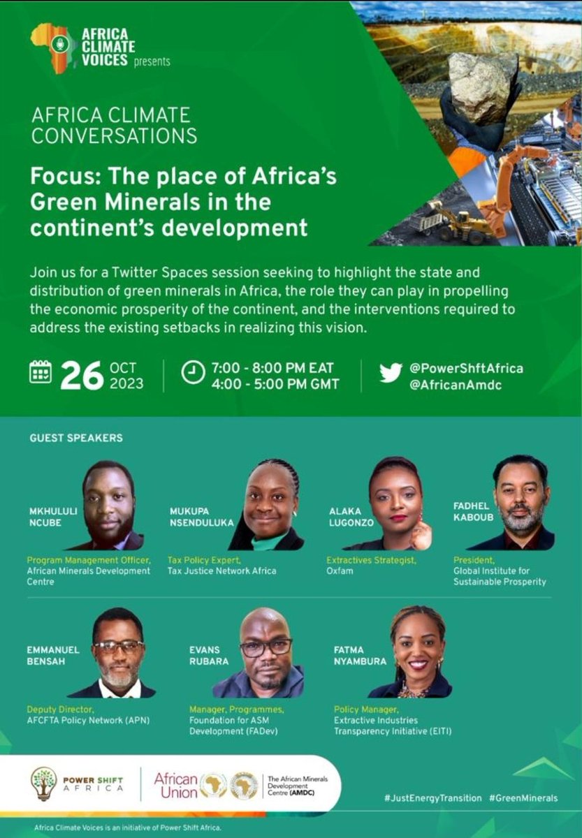 📢Join us tomorrow on Twitter at 7 PM EAT❗️

#GreenMinerals

#AfricaMiningVision

#Mining4Development🌍

The Link⤵️: x.com/i/spaces/1eaKb…