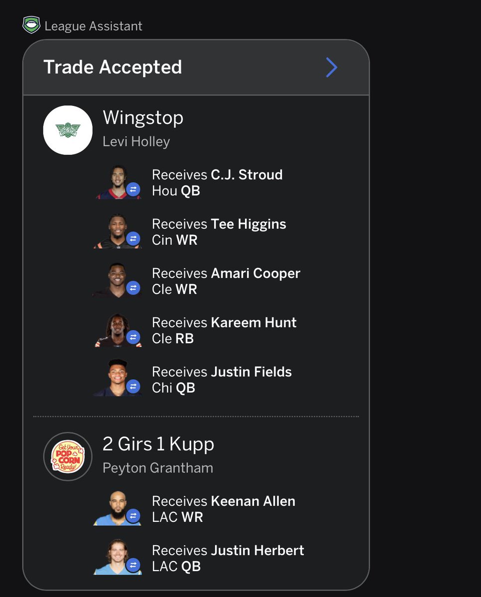 Royuhltie's tweet photo. @ZBrook @FFToday Which trade is worse? I am not wingstop btw https://t.co/GMrePdmawk