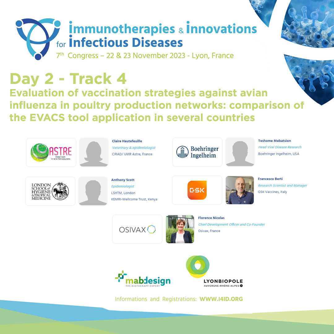 [#LBPevent] C. Hautefeuille from CIRAD/ UMR Astre, T. Mebatsion from @BoehringerFR, A. Scott from @LSHTM, F. Berti from @GSK and F. Nicolas from @OsivaxVaccines will talk Innovative vaccines at @I4IDCongress #health With the support of @auvergnerhalpes ➡ i4id.org/program