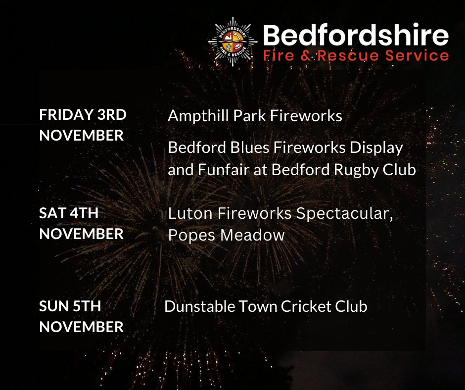 BedsFire's tweet image. We recommend that you avoid having fireworks and bonfires at home in order to stay safe. 🚒
Alternatively, why not head down to your local organised firework display? 🎆
#Fireworkdisplay #staysafe #BonfireNight