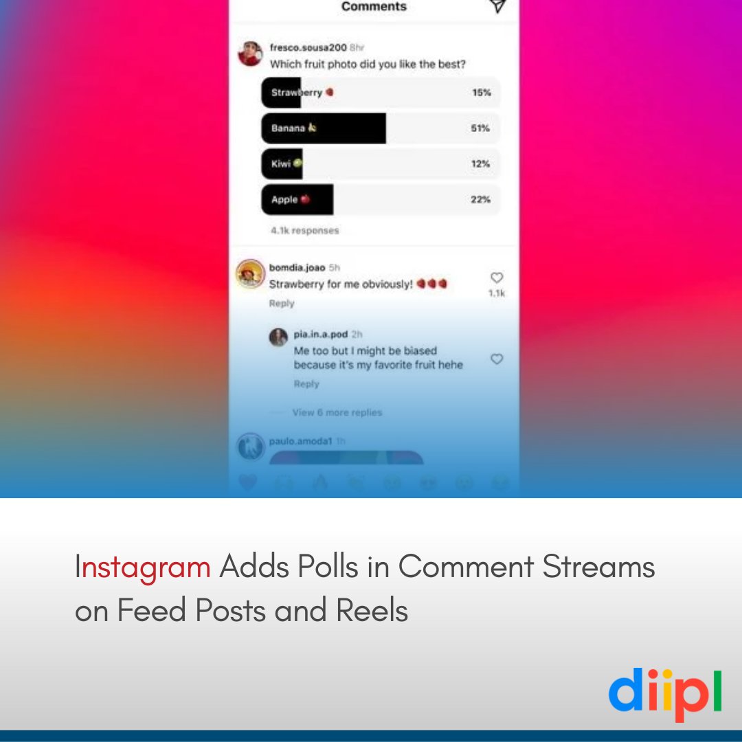Diiplnetwork's tweet photo. Instagram’s adding another engagement option, with polls in comments now in testing with selected users.
Read here>>https://t.co/LuMJ8iEQbp
#Instgrammarketing #DigitalMarketing #SEO #SocialMediaMarketing #instagram #InstagramThreads #Threads #reels #Polls #Polloptions https://t.co/gbAiRY14fn