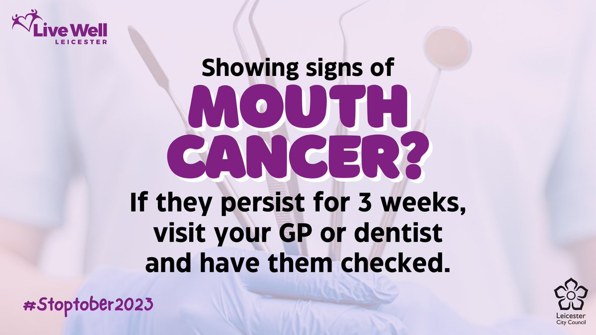 Are you worried that you might have mouth cancer? If you're showing symptoms, monitor them for 3 weeks. Get in touch with your GP or dentist if they persist. Lower your risk of mouth cancer by quitting smoking - call us on 0116 454 4000 or visit 👇 ow.ly/ZUp150Q04qc