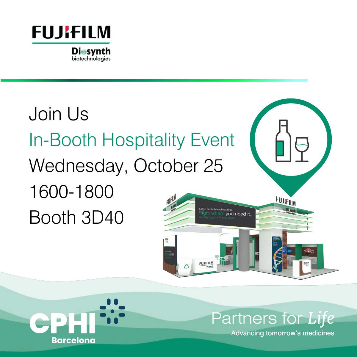 FUJIFILMBiotech's tweet image. Welcome to Day 2 at CPhI! Be sure to attend our presentation at 12:45 – 13:15 in Hall 3 Stand 3C49. Join us for cup of coffee with our team. ☕ And don't miss our hospitality event with beer and wine at Booth 3D40 from 16:00-18:00. 🍻🍷 #Biotech #Networking #CPhI2023