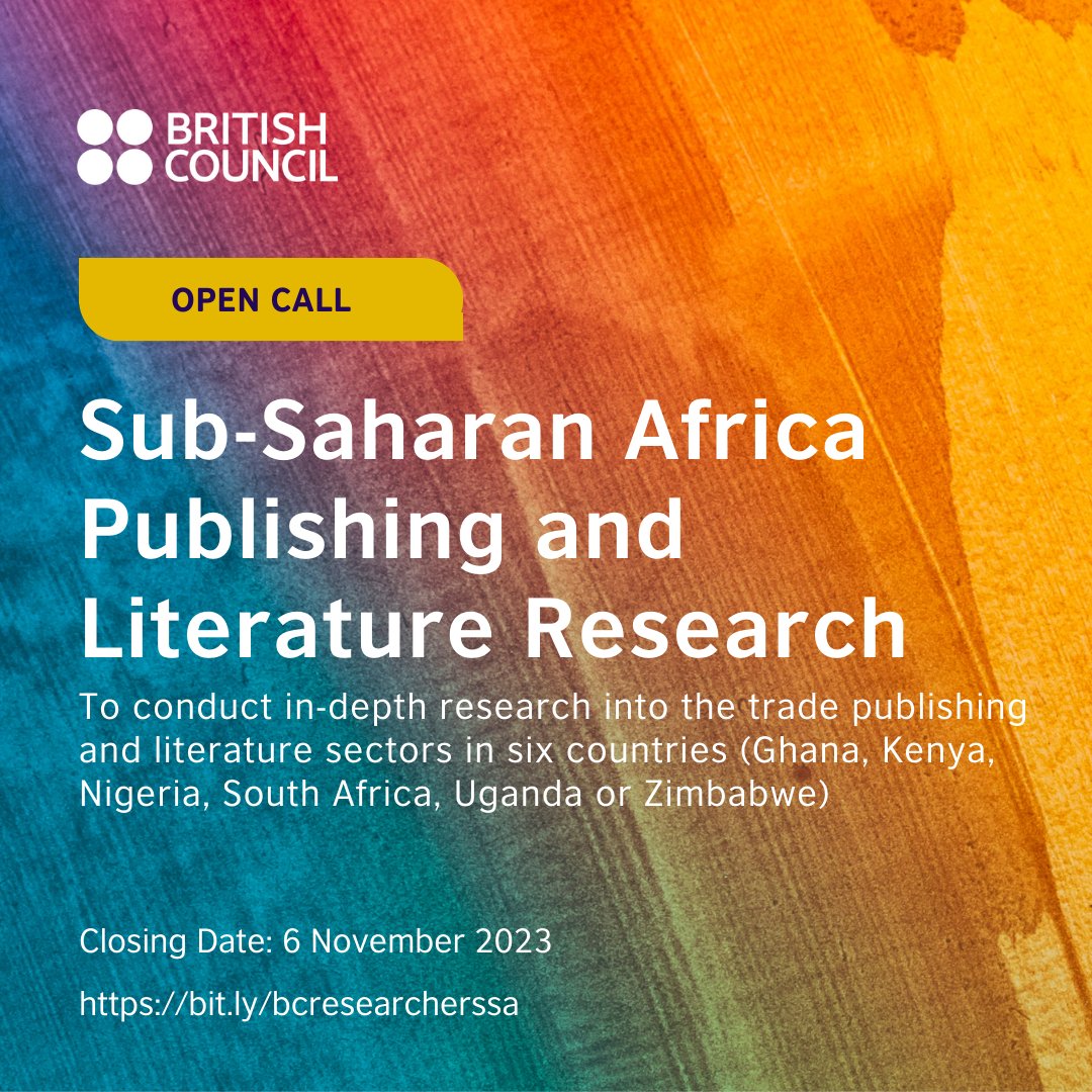 We're looking for a researcher to conduct in-depth research into the trade publishing and literature sectors in Ghana, Kenya, Nigeria, South Africa, Uganda, and Zimbabwe.

Visit bit.ly/bcresearcherssa to apply

Closing date: 6 Nov 2023

#BCArtsSSA #BCCESSA #LiteratureResearch