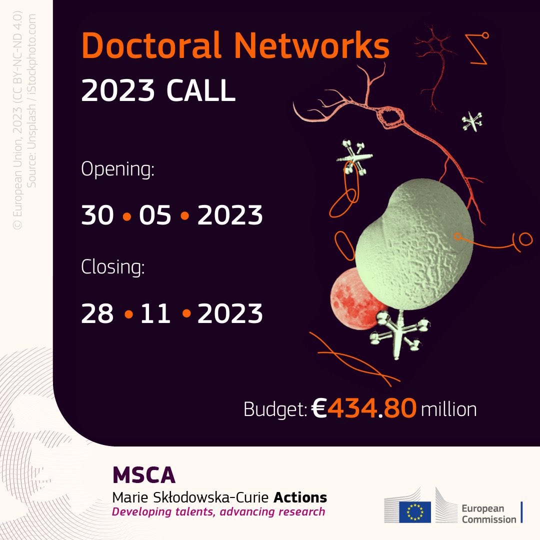 ⏰ #MSCA #DoctoralNetworks call for proposals will close in about month! @MSCActions #DN is all about:
🔸#partnerships between organisations
🔸#training for researchers #skills & #employability
🔸#excellence in research for grand challenges 

More info⤵️
europa.eu/!8FcBmw