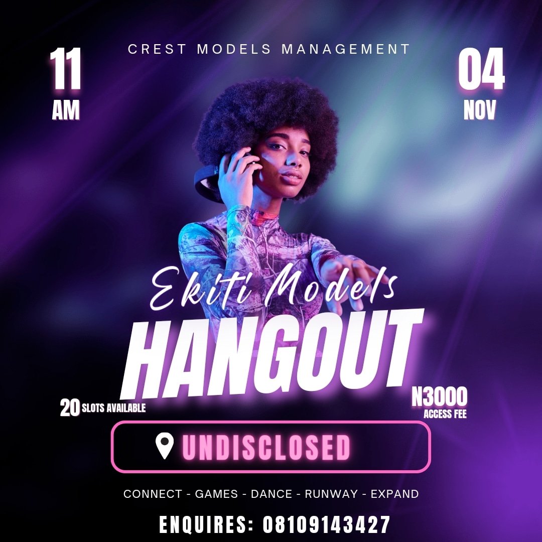 crestmodelsng's tweet photo. 🌟 Join Us for a Glamorous Models Hangout! 🌟
Calling all aspiring and freelance models to the ultimate gathering of style, inspiration, and networking!

Are you ready to mingle with like-minded individuals, share experiences, and learn from each other in the world of fashion https://t.co/1XTvk726Cm