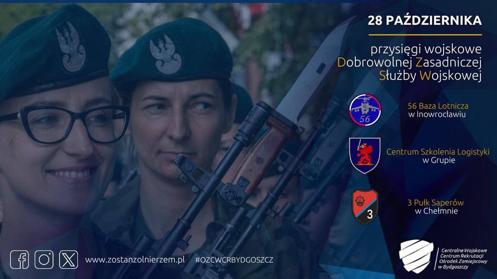 WCRWloclawek's tweet photo. 📢 Już w sobotę 28.10.  odbędą się na terenie województwa #KujawskoPomorskie przysięgi wojskowe żołnierzy #DZSW w:
☝️#3psap w Chełmnie 09.00
☝️#CSLog w Grupie 11.30
☝️#56BL w Inowrocławiu 11.00
Słowa roty przysięgi wojskowej wypowie ponad 400 żołnierzy #DZSW🪖
#ZostańŻołnierzem🇵🇱 https://t.co/7F2QWlHfKP