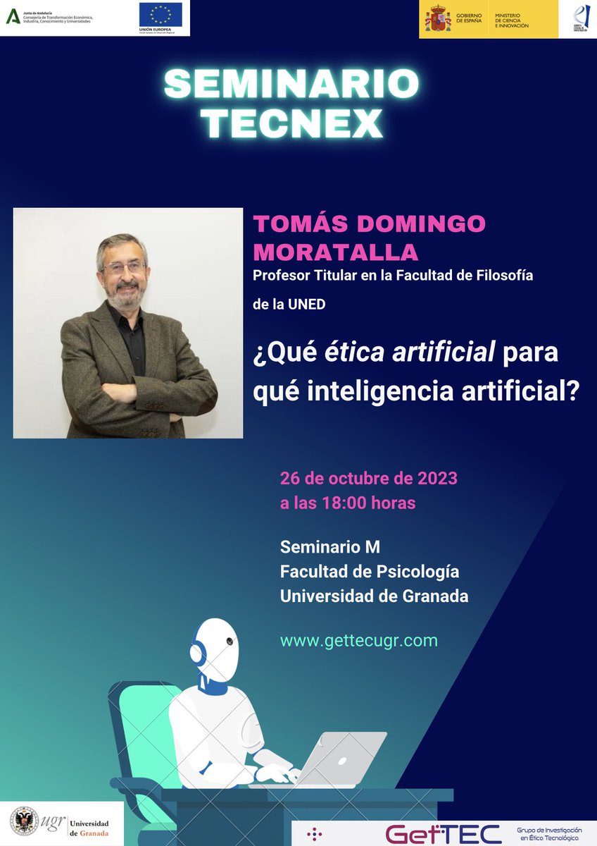 FiloLab_UGR's tweet photo. Mañana el Seminario TECNEX retoma su actividad.Nos acompañará @tdmoratalla, Profesor Titular de la Facultad de Filosofía de la UNED. Su ponencia lse titula: "¿Qué ética artificial para qué inteligencia artificial?" #GETTEC #TECNEX #IA #Ética @joan_lloralb
https://t.co/R54g9m14Qj https://t.co/7WGdepLmuy