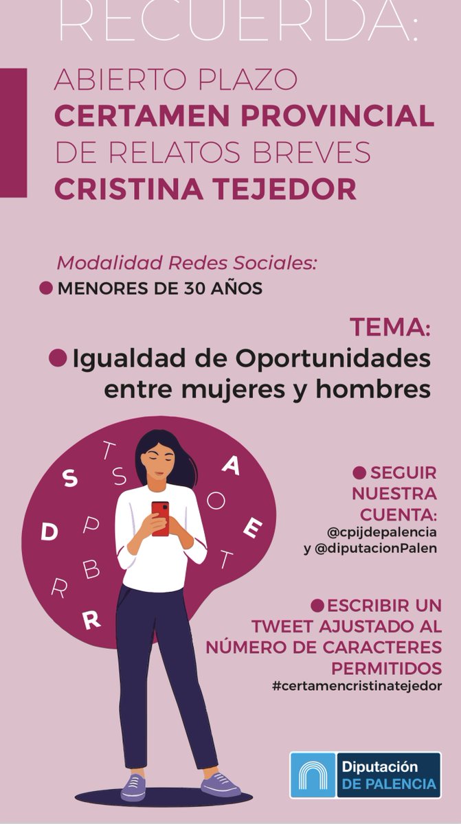 📢¡Se acaba ya!  📢¡La Igualdad y la creatividad tienen premio! Publica un mensaje incluyendo el hashtag #certamencristinatejedor y vinculado la #Igualdad  antes del #31Oct ! Y no te olvides de seguirnos a nosotros @cpijdepalencia y a <a href="/diputacionPalen/">Diputación de Palencia</a>