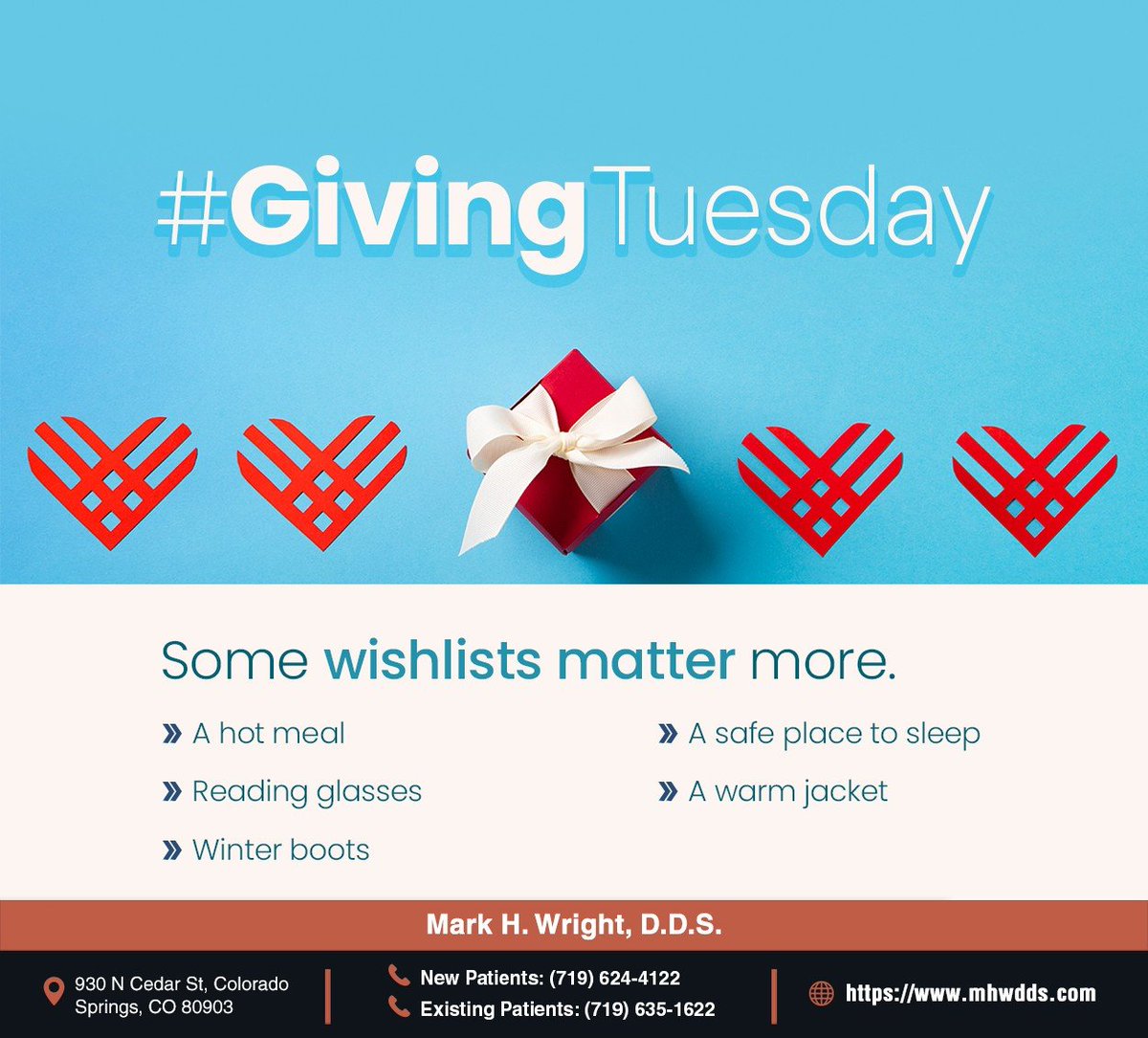 markhwrightdds's tweet image. GivingTuesday is all about making a difference in the world through the power of generosity. Give back to those in need today and make someone's wish come true. #givingtuesday #markhwrightdds #coloradosprings #CO