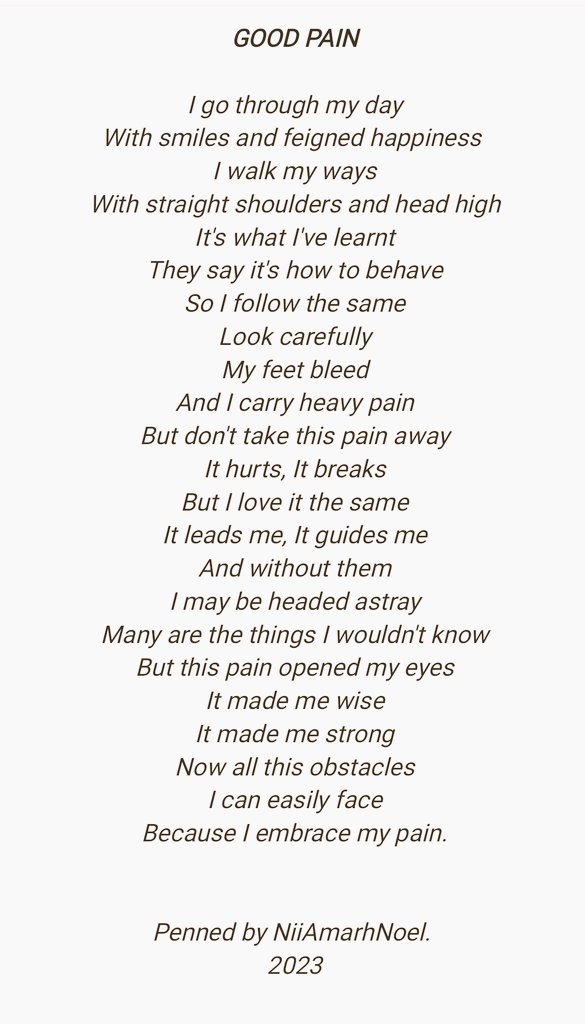 NiiAmarhNoel's tweet photo. "Good Pain" captures the hidden struggles we often face while putting on brave faces for the world. It depicts embracing pain as a source of strength, growth, and inspiration with simple words that resonate deeply!
#WriteUpWednesday #WritingCommunity #writersoftwitter #poetry https://t.co/1V1WBdH6AL