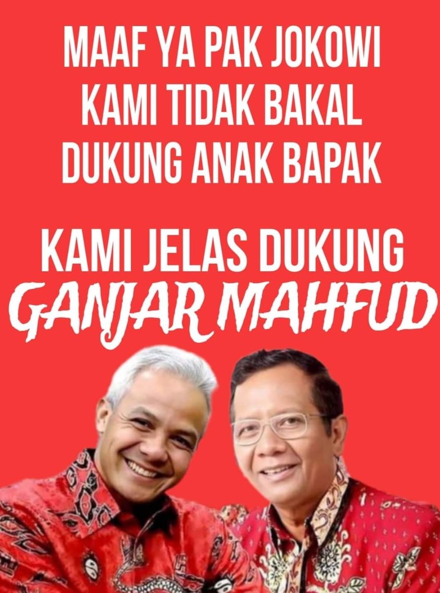 Ikut pesan Jokowi! Pilih pemimpin lihat rekam jejak & prestasinya, yg melayani rakyat, berani & bernyali. Jadi maaf pak @jokowi, sy ga akn dukung anak bpk, Krn semua kriterianya ada pd Ganjar Mahfud.🙏 Jangan gentar ada Ganjar Tak perlu takut ada Mahfud #GanjarMahfudTakGentar