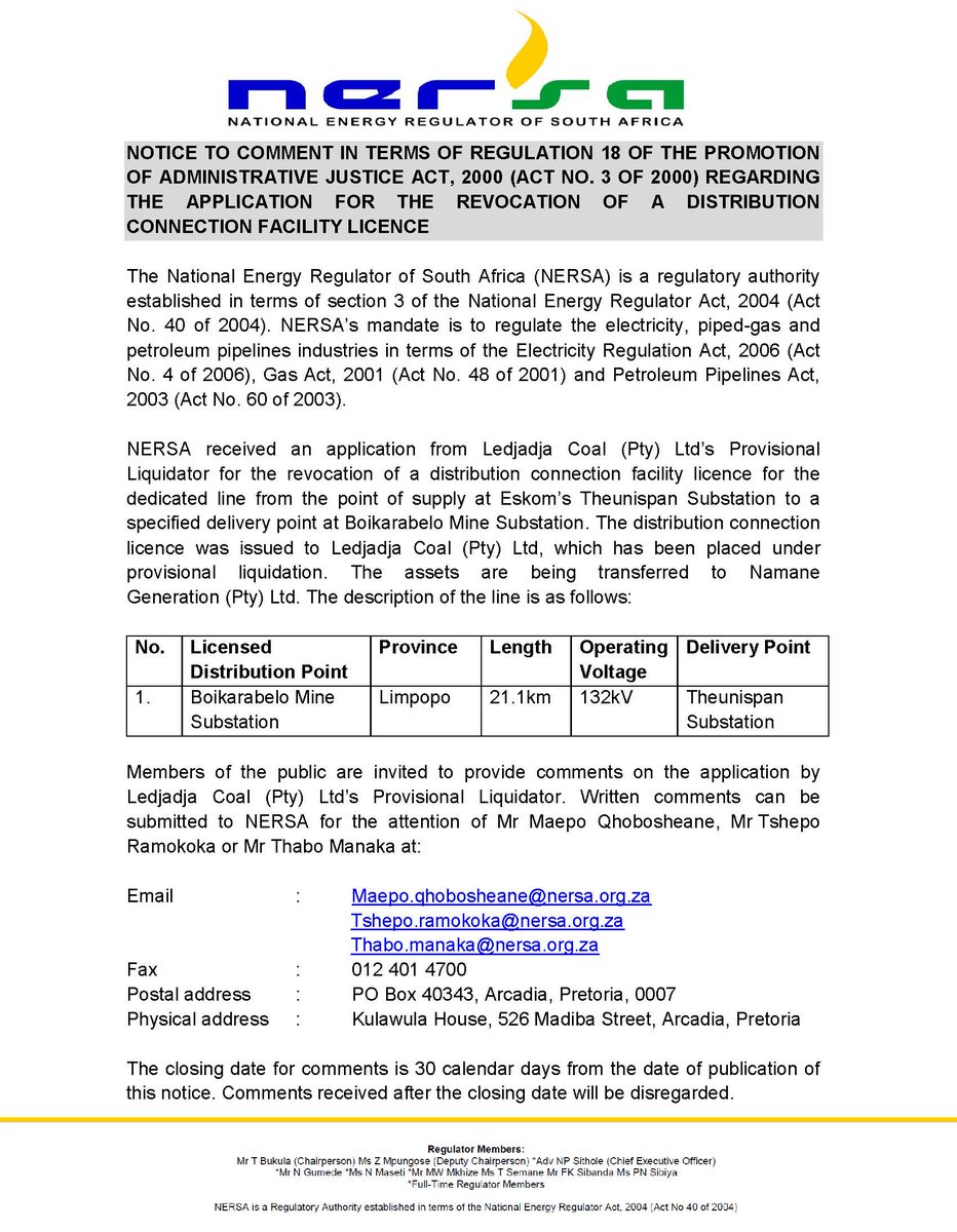 Notice to comment in terms of Regulation 18 of the Promotion of Administrative Justice Act, 2000 (Act No. 3 Of 2000) regarding the Application for the Revocation of a Distribution Connection Facility Licence.