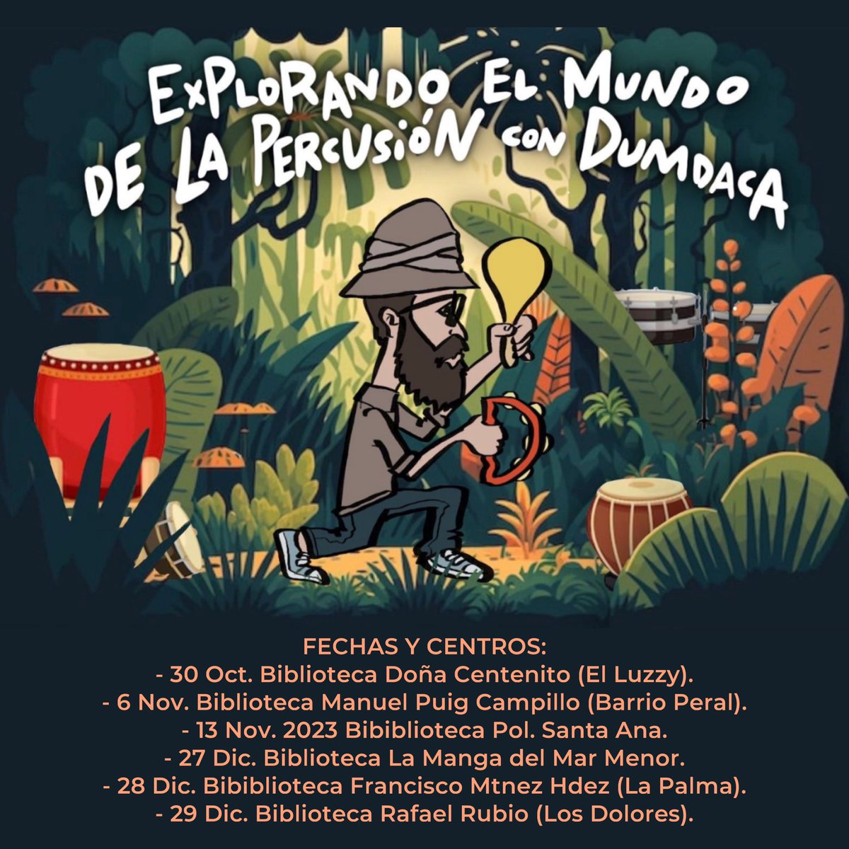 dumdaca's tweet photo. Como viene siendo habitual, la red de @BiblioCartagena ha querido contar conmigo para su programación de talleres, así que vuelvo con mis cursos de ritmo.
Como siempre, estas plazas vuelan, así que estad al loro en https://t.co/vUOXqD8eqD
Os dejo fechas y centros.
🥁♥️ https://t.co/ygQzV5nbbB