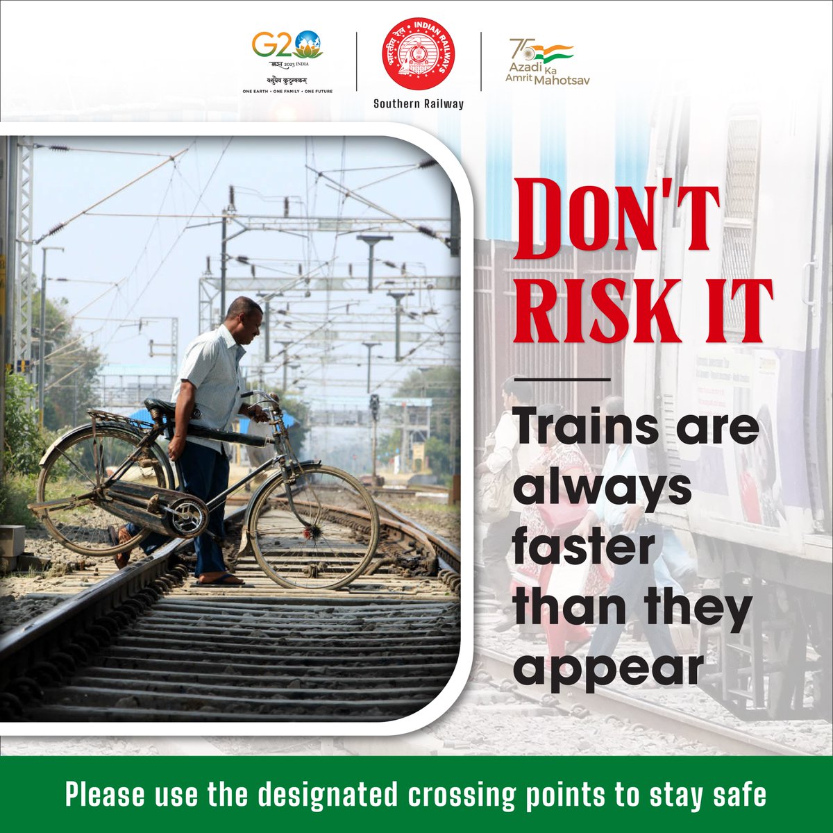 DRMPalghat's tweet image. Never risk your life for shortcuts!

Crossing tracks are dangerous and a moment of negligence can cause accidents. Trains are faster than they appear. Remember, Use the designated crossing points to stay safe &amp;amp; avoid accidents.  

#StaySafe #Tracksafety

@RailMinIndia @GMSRailway