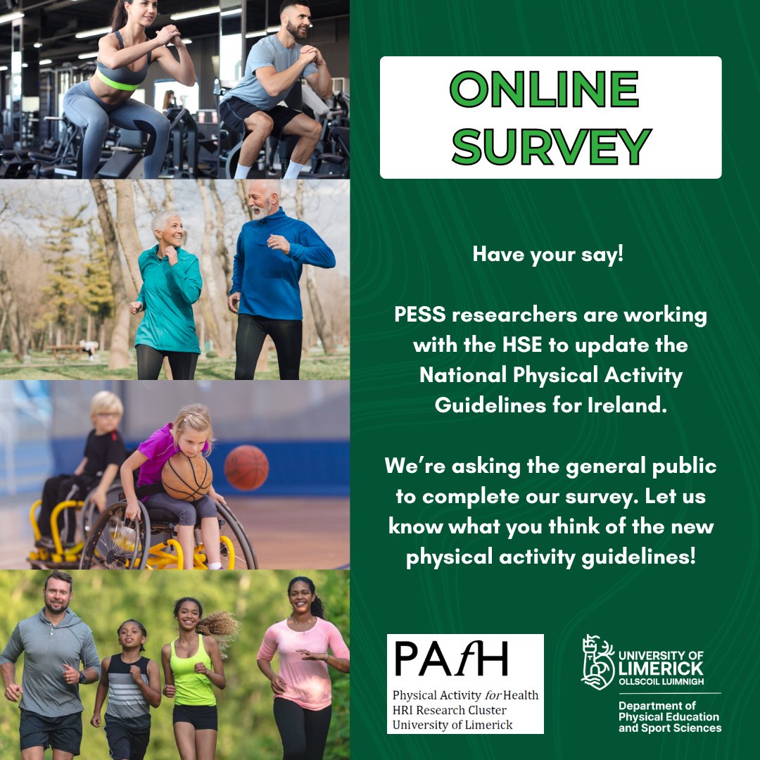 PESS researchers are working with the HSE to update the National Physical Activity Guidelines for Ireland. Please share your thoughts with us on the new guidelines by filling out the survey below 👇 unioflimerick.eu.qualtrics.com/jfe/form/SV_3y… @PessLimerick @PAfH_UL @ElaineMurtagh