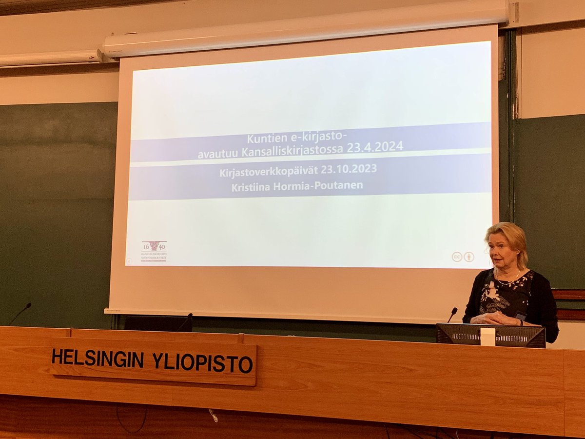 <a href="/HormiaKristiina/">Kristiina Hormia</a> kertoo <a href="/NatLibFi/">Kansalliskirjasto</a> Kirjastoverkkopäivillä kuntien yhteisen e-kirjaston siirtymisestä osaksi Kansalliskirjastoa vuoden 2024 alussa. #kirjastoverkkopäivät