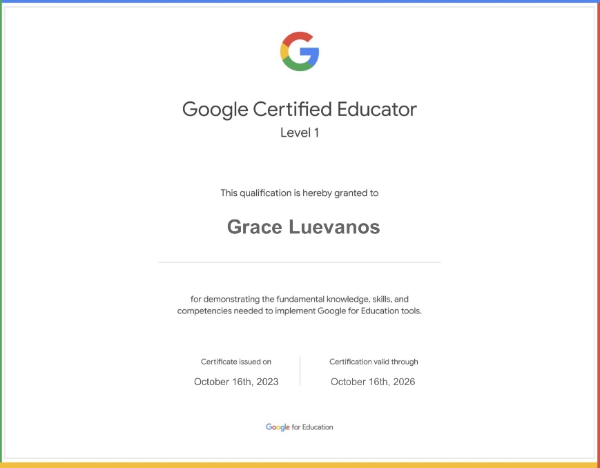 gluevanos0503's tweet image. Finished with my Google for Educators certification! I learned so much about google resources and how I can implement them in a classroom setting!#EdTechAtLATech