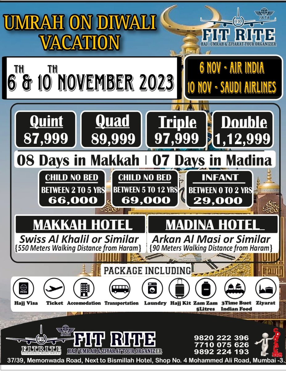 Fitrite_intl's tweet photo. Umrah package on Diwali Vacation
Contact - 7710075626/7021133120 for Bookings &amp; Query. Limited seats available.
#umrahpackages #umrah2023 #MECCA #Medina #tourism #TOURTICKETS #travels #fitriteinternational https://t.co/d8HkkmmBxx