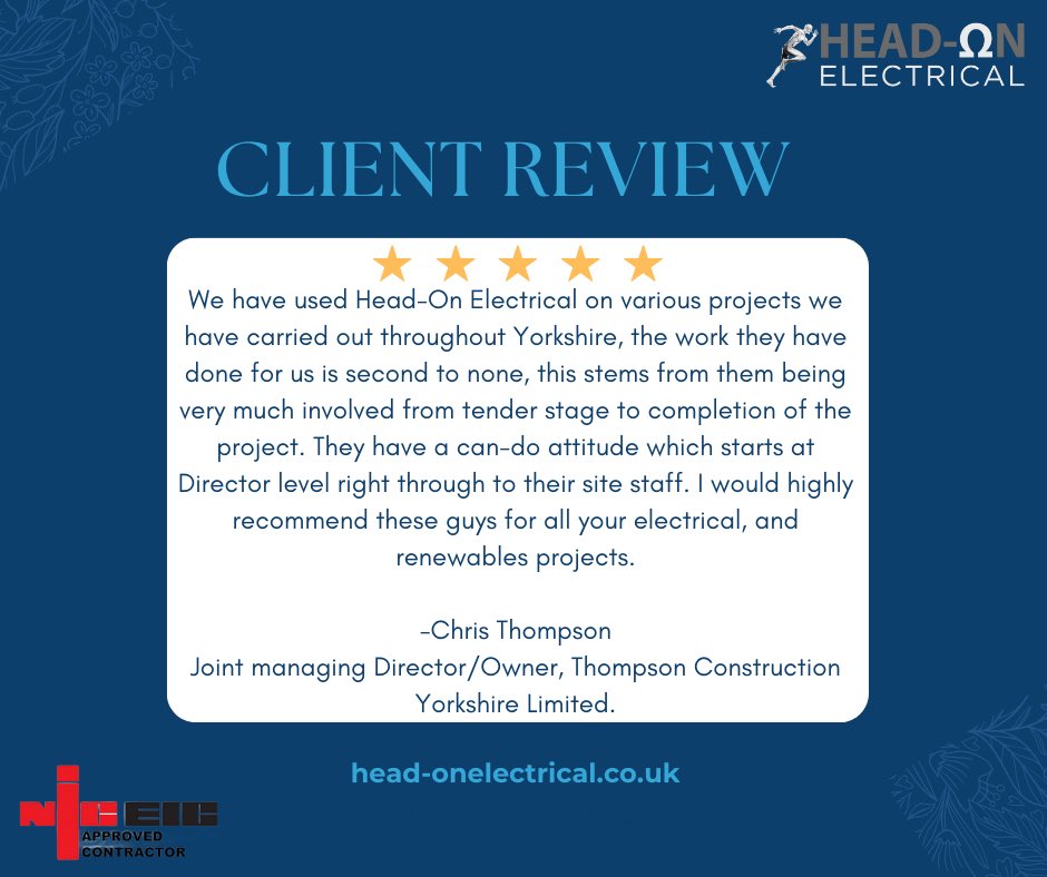 Head_OnElec's tweet photo. Client Spotlight!🌟

We're thrilled to share these kind words from Chris Thompson, Joint Managing Director/Owner of Thompson Construction Yorkshire Limited.

Thank you, Chris, for your trust and support! ⚡💼 

#Headonelectrical #clientreview #electricalcontractorinhull https://t.co/RsNJWif6Bl