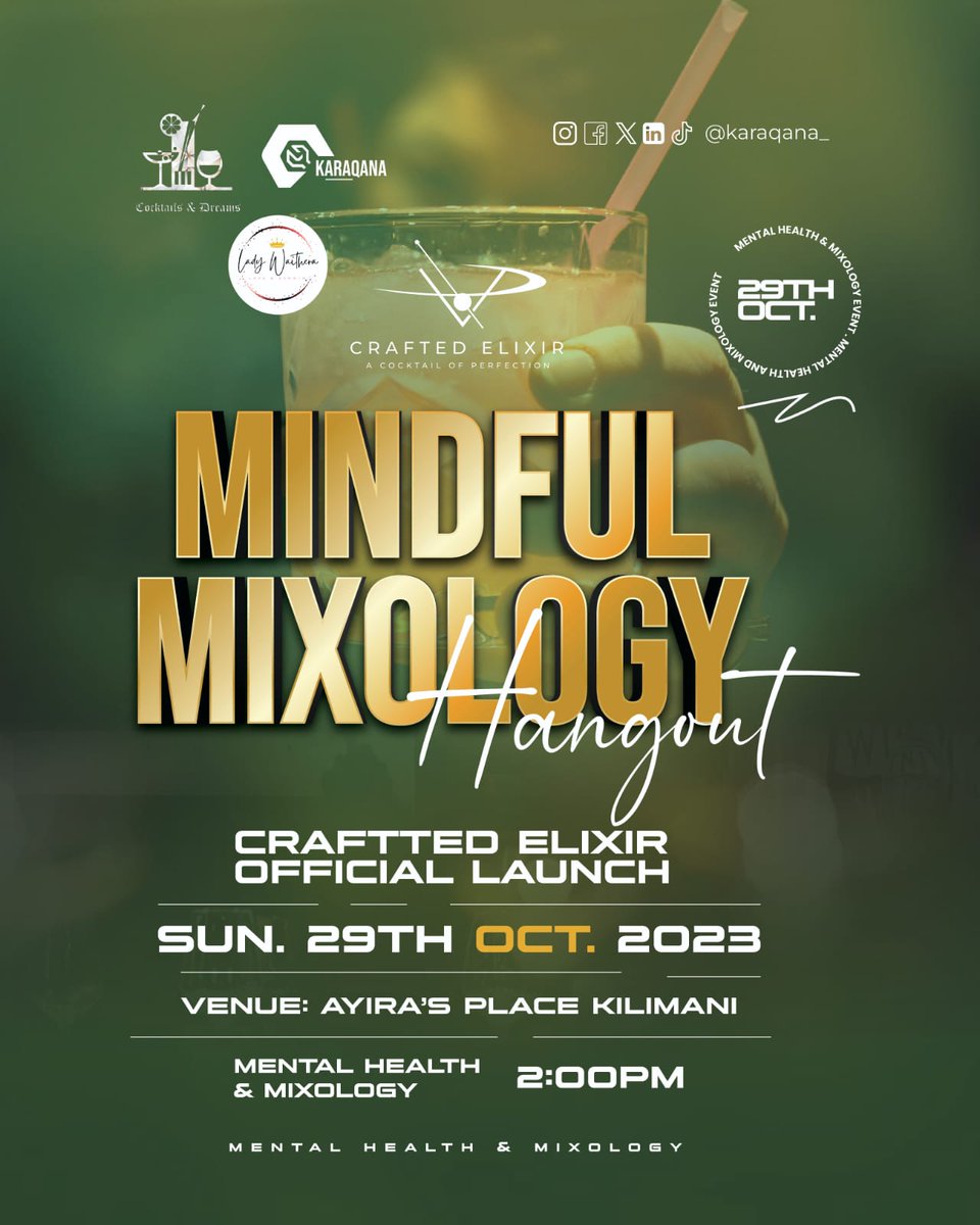 Join us; Karaqana & I this Sunday, October 29th, for a crafted elixir launch and a mindful mixology event at Ayira's place!

Discover the perfect blend of mixology and mental health. 🧠🍸 #MindfulMixology #CraftedElixirs #WellnessEvent