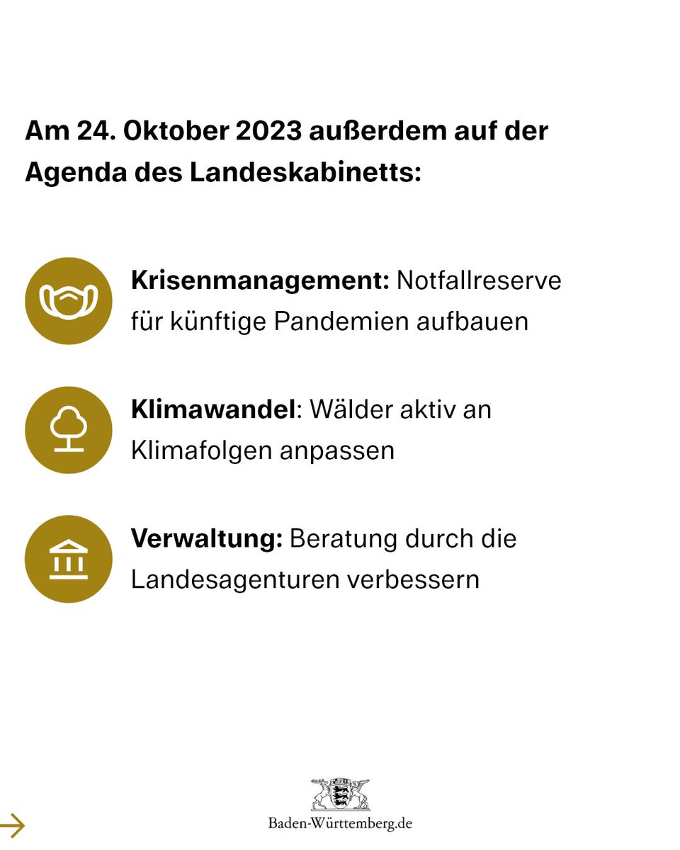 Worüber berät unsere Landesregierung?💬 Themen der #KabinettssitzungBW waren diese Woche u.a.: 🔧#Fachkräftesicherung, 💶#Energiekosten-Entlastung,🌱C02-neutrale Verwaltung, 🌳#Klimafolgenanpassung & 😷#Notfallreserven & ⛑ humanitäre Projekte in Dohuk. ➡baden-wuerttemberg.de/de/service/pre…