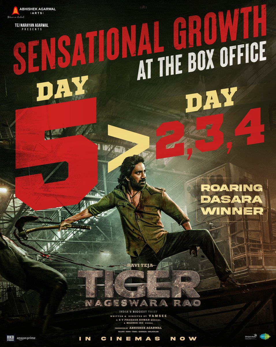 #TigerNageswaraRao sees a sensational growth at the ticket windows 🔥🔥

Day 5 is BIGGER than the previous three days 💥

Truly the ROARING DASARA WINNER ❤️‍🔥

Book your tickets for #TigerNageswaraRao now!
- linktr.ee/TNRTickets

<a href="/RaviTeja_offl/">Ravi Teja</a> <a href="/DirVamsee/">VAMSY</a> <a href="/AnupamPKher/">Anupam Kher</a>