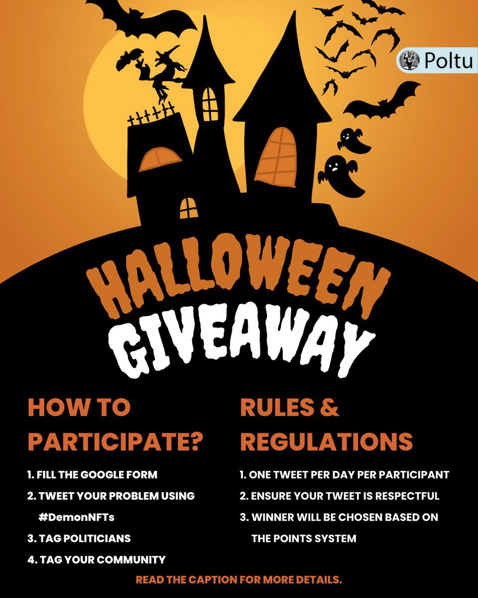 politicsdemon's tweet photo. Trick or treat! This Halloween, we're giving you a chance to win exclusive Demon NFTs! But here's the twist: instead of candies, we're asking you to highlight real issues. Let's raise our voices for change!!

Fill out this form: https://t.co/7DwRABG4Rc

#Poltu #DemonNFTs https://t.co/DF3POZXTQV