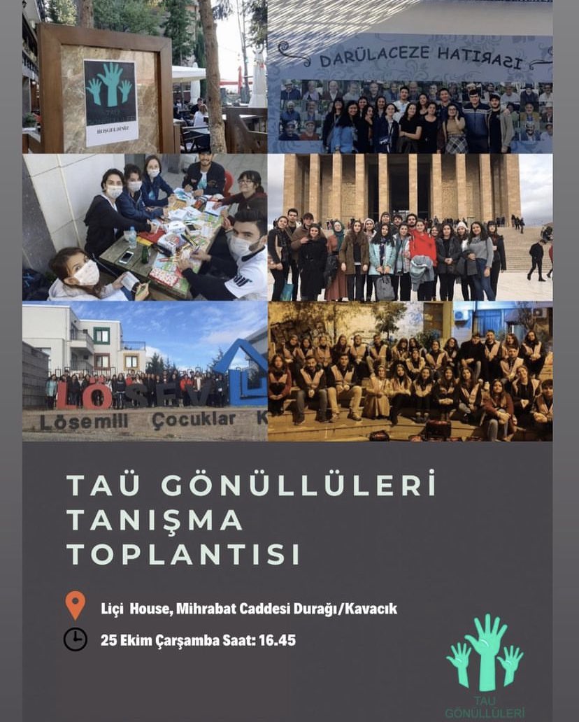 Taü Gönüllüleri kulüp tanışma toplantımıza hepinizi bekliyoruz😇
📍Liçi House, Kavacık
🗓️ 25 Ekim Çarşamba
⏰ 16.45
🚏 15BK ile Ozanlar Durağı'nda inerek veya 15TA ile Kavacık'ta indikten sonra Mihrabat Caddesine yürüyerek ulaşım sağlayabilirsiniz.