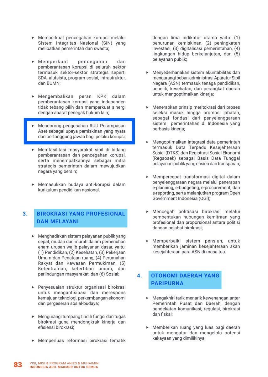 Dalam 8 Visi Misi AMIN tertera dg tegas mendorong pengesahan RUU Perampasan Aset, Koruptor harus dimiskinkan.. Yang setuju kasih tanda retweet!!