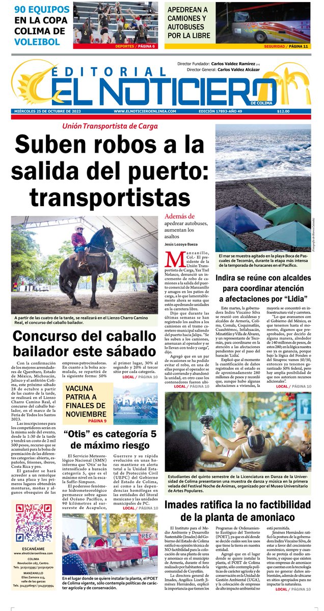 NoticieroColima's tweet photo. PORTADA MIÉRCOLES 25 DE OCTUBRE DE 2023 https://t.co/ax3HpOcAxc