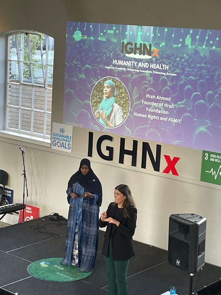 IfrahFoundation's tweet photo. Our founder, #IfrahAhmed, was honored to discuss her work on ending FGM/C at #IGHNx. #Ifrah tirelessly works to end FGM & raise awareness about its impact on young girls' lives. She emphasized the detrimental effects of FGM during her talk.@ICGBV_Ireland @DearDaughterC @Irish_Aid https://t.co/YJplOLrqTM